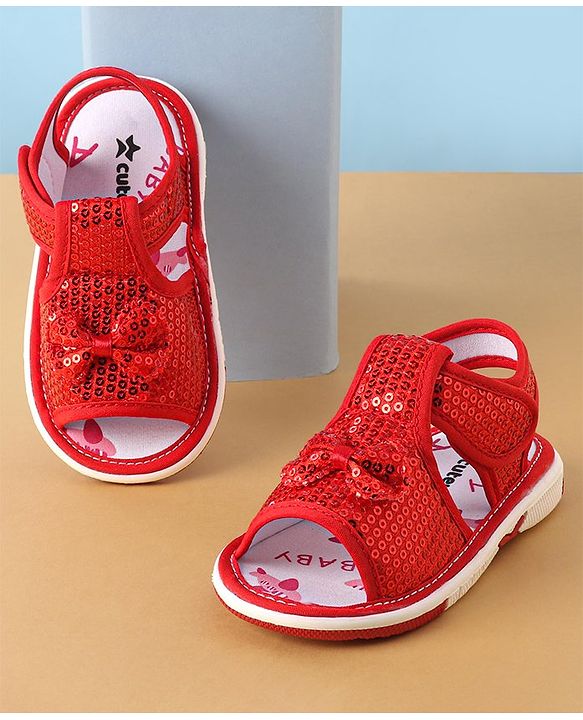 Cute Walk by Babyhug Sandals With Velcro Closure Sequins Detailing & Bow Applique - Red