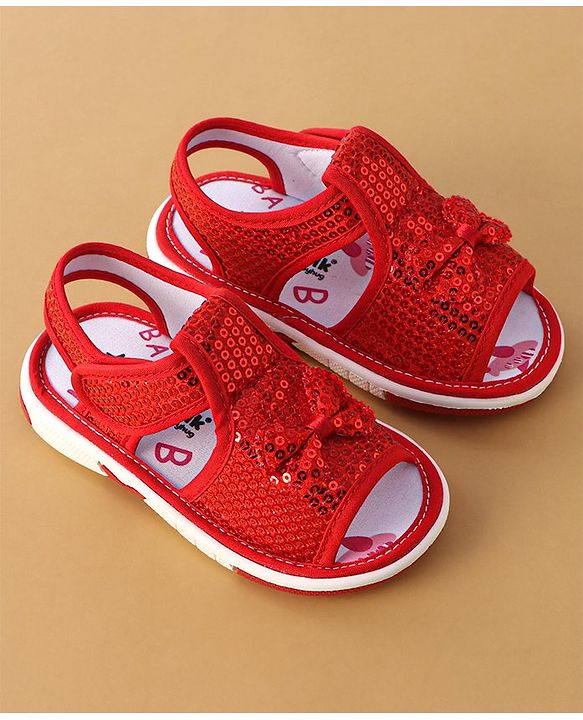Cute Walk by Babyhug Sandals With Velcro Closure Sequins Detailing & Bow Applique - Red