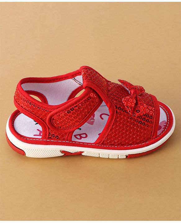 Cute Walk by Babyhug Sandals With Velcro Closure Sequins Detailing & Bow Applique - Red