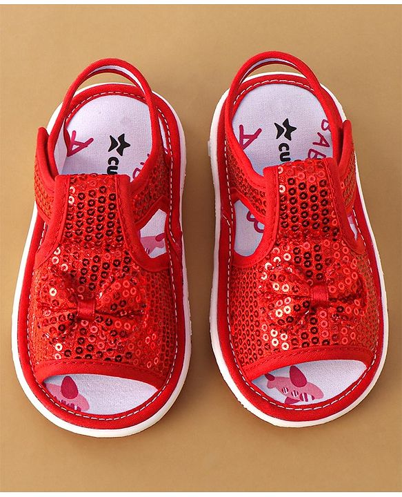 Cute Walk by Babyhug Sandals With Velcro Closure Sequins Detailing & Bow Applique - Red