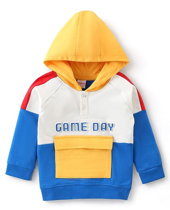 Babyhug Cotton Knit Full Sleeves Puffed Text Printed Hooded Sweatshirt with Cut & Sew Design - White & Blue