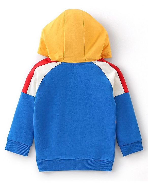 Babyhug Cotton Knit Full Sleeves Puffed Text Printed Hooded Sweatshirt with Cut & Sew Design - White & Blue