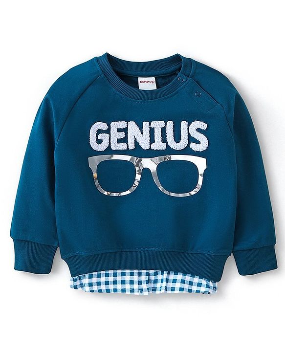 Babyhug Cotton Knit Full Sleeves Sweatshirt with Terry Embroidery & Holographic Foil Detailing - Teal