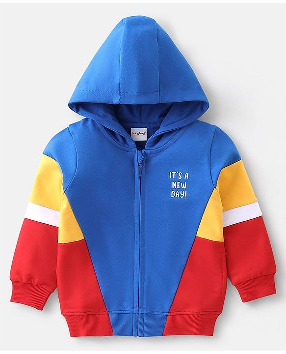 Babyhug Cotton Knit Full Sleeves Hooded Sweat Shirt with Cut & Sew Design - Blue
