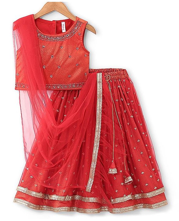 Babyhug Sleeveless Embroidered Shimmer Net Choli With Embroidered Shimmer Net Lehenga And Dupatta Set - Red