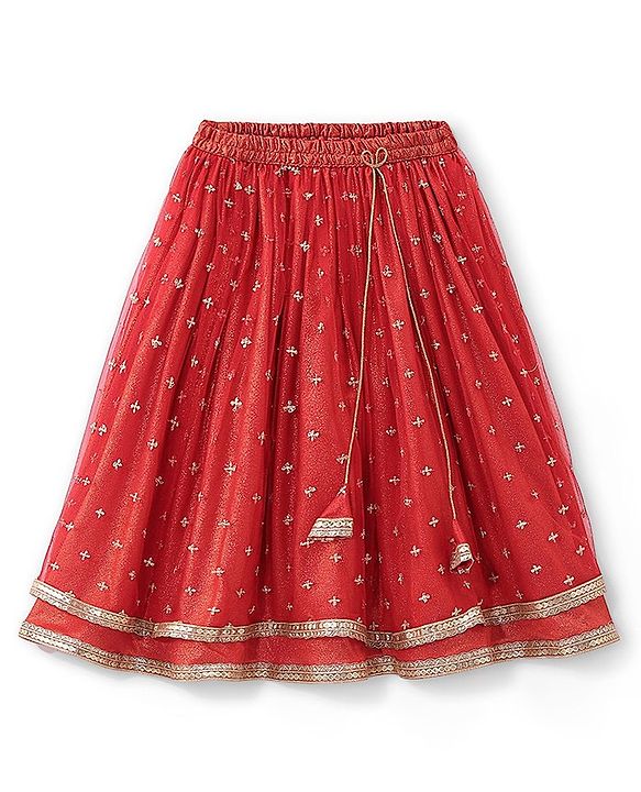 Babyhug Sleeveless Embroidered Shimmer Net Choli With Embroidered Shimmer Net Lehenga And Dupatta Set - Red