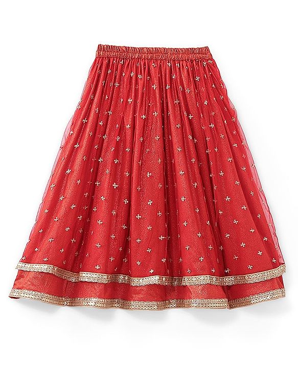 Babyhug Sleeveless Embroidered Shimmer Net Choli With Embroidered Shimmer Net Lehenga And Dupatta Set - Red