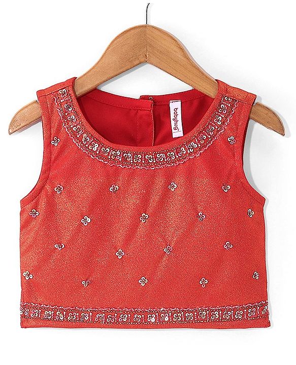 Babyhug Sleeveless Embroidered Shimmer Net Choli With Embroidered Shimmer Net Lehenga And Dupatta Set - Red