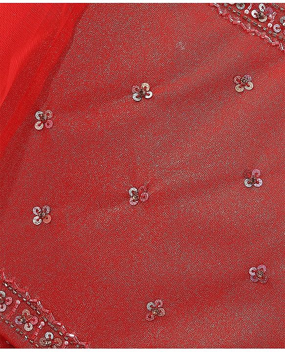 Babyhug Sleeveless Embroidered Shimmer Net Choli With Embroidered Shimmer Net Lehenga And Dupatta Set - Red