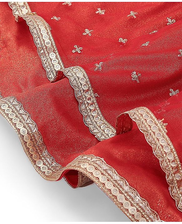 Babyhug Sleeveless Embroidered Shimmer Net Choli With Embroidered Shimmer Net Lehenga And Dupatta Set - Red