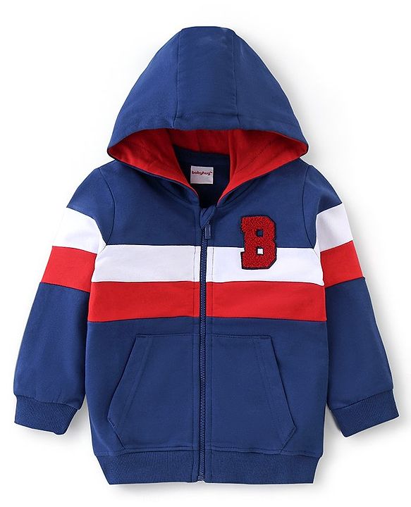 Babyhug Cotton Knit Full Sleeves Hooded Sweat Jacket with Cut & Sew Design - Navy Blue