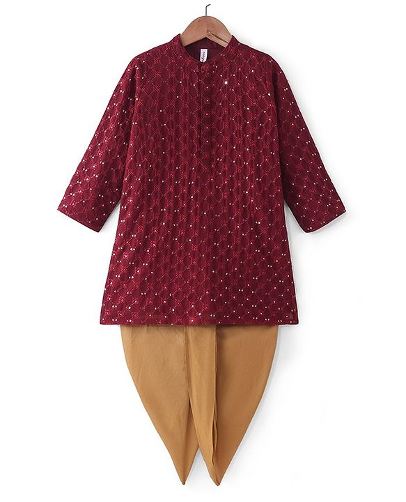Babyhug Full Sleeves Sequined Embroidered Kurta Dhoti Set - Maroon