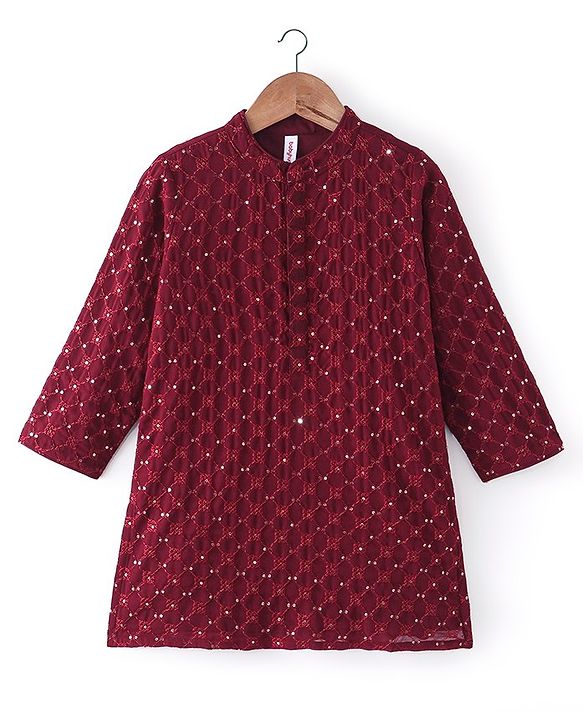 Babyhug Full Sleeves Sequined Embroidered Kurta Dhoti Set - Maroon