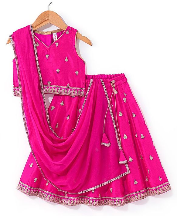Babyhug Sleeveless Lehenga Choli And Dupatta Set With Floral Embroidered - Hot Pink