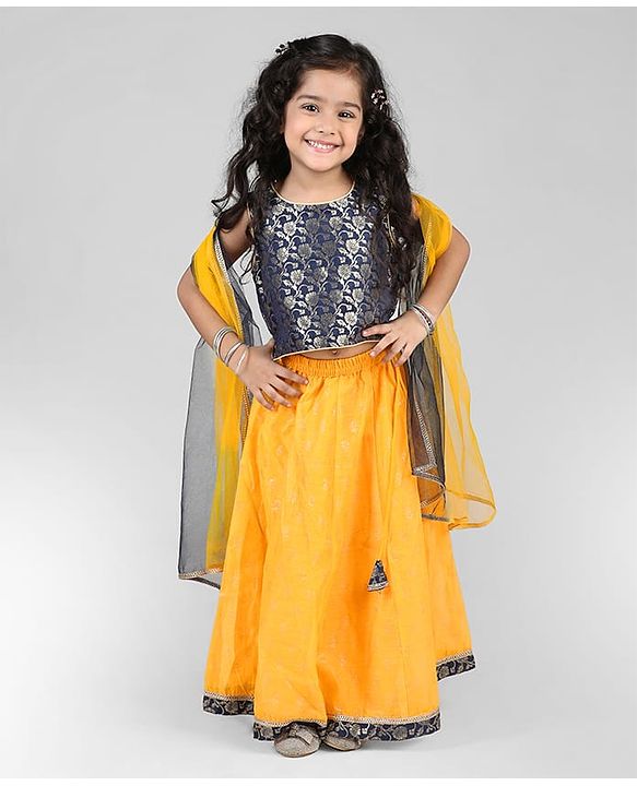 Babyhug Sleeveless Brocade Choli Foil Printed Lehenga and Dupatta Set - Yellow & Navy Blue