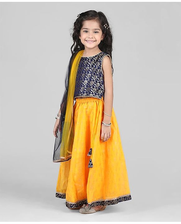 Babyhug Sleeveless Brocade Choli Foil Printed Lehenga and Dupatta Set - Yellow & Navy Blue