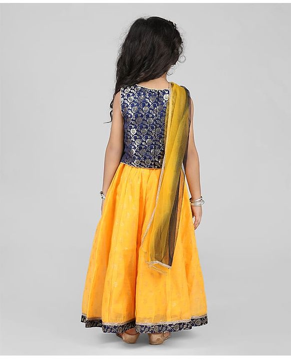 Babyhug Sleeveless Brocade Choli Foil Printed Lehenga and Dupatta Set - Yellow & Navy Blue