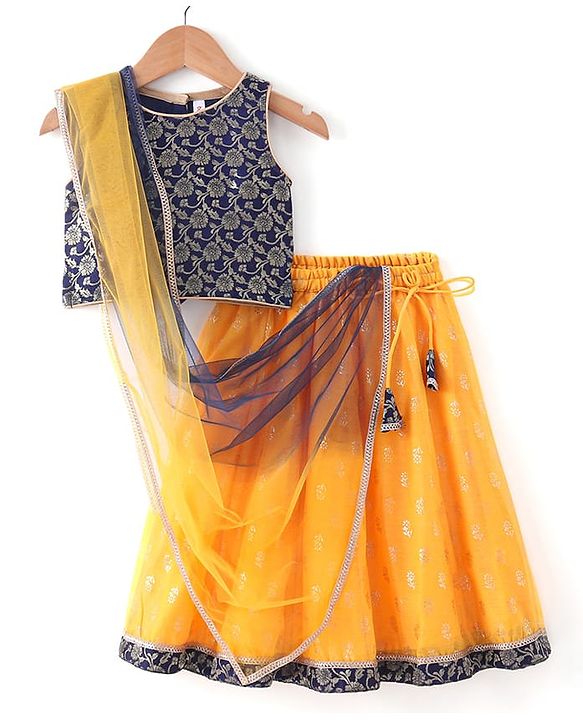 Babyhug Sleeveless Brocade Choli Foil Printed Lehenga and Dupatta Set - Yellow & Navy Blue