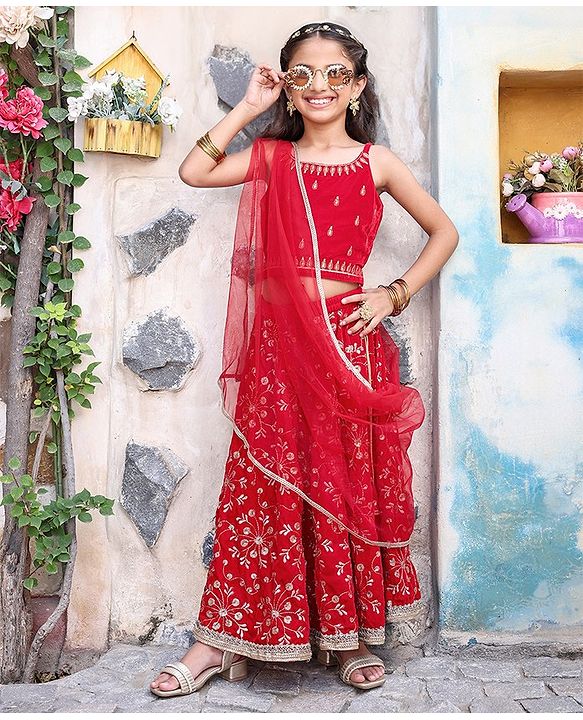 Babyhug Velvet Sleeveless Floral Embroidered Choli Lehenga And Dupatta Set - Red