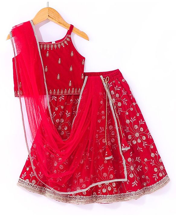 Babyhug Velvet Sleeveless Floral Embroidered Choli Lehenga And Dupatta Set - Red