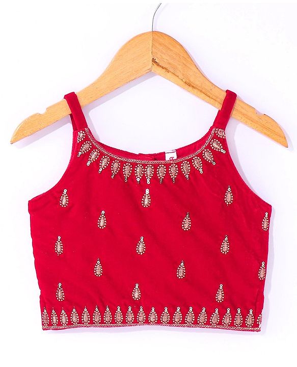 Babyhug Velvet Sleeveless Floral Embroidered Choli Lehenga And Dupatta Set - Red