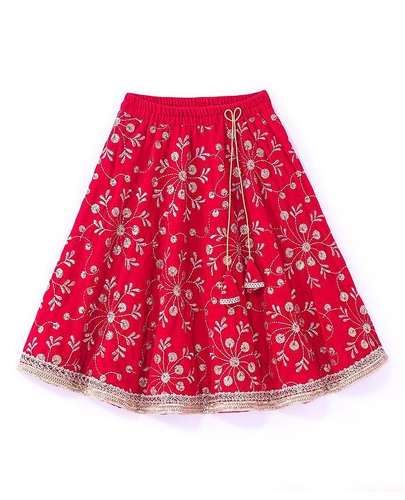 Babyhug Velvet Sleeveless Floral Embroidered Choli Lehenga And Dupatta Set - Red