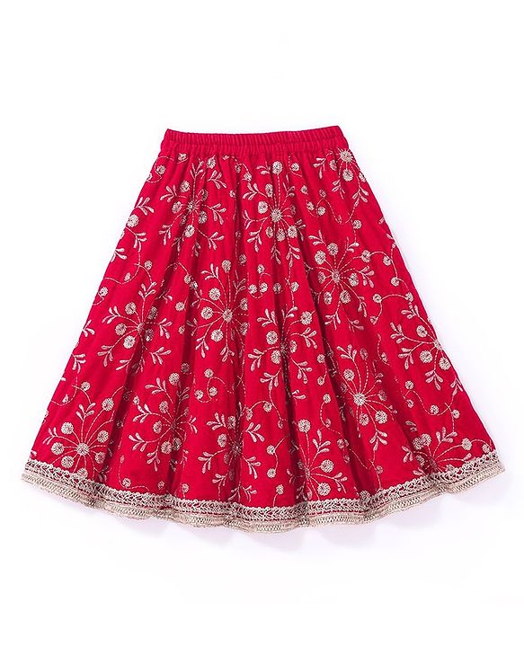 Babyhug Velvet Sleeveless Floral Embroidered Choli Lehenga And Dupatta Set - Red