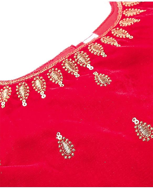 Babyhug Velvet Sleeveless Floral Embroidered Choli Lehenga And Dupatta Set - Red