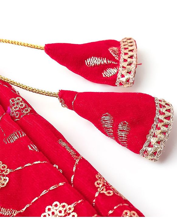 Babyhug Velvet Sleeveless Floral Embroidered Choli Lehenga And Dupatta Set - Red