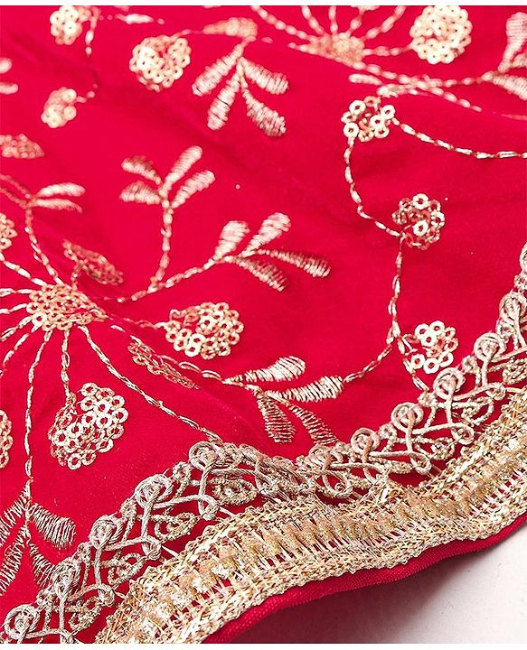 Babyhug Velvet Sleeveless Floral Embroidered Choli Lehenga And Dupatta Set - Red