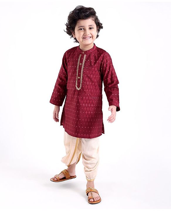 Babyhug Dobby Full Sleeves Embroidered Kurta with Solid Dhoti Set - Maroon