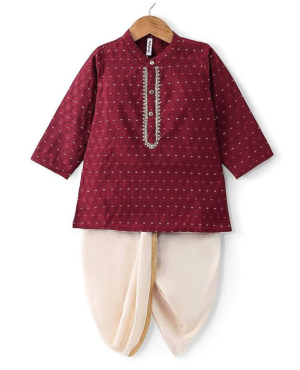 Babyhug Dobby Full Sleeves Embroidered Kurta with Solid Dhoti Set - Maroon