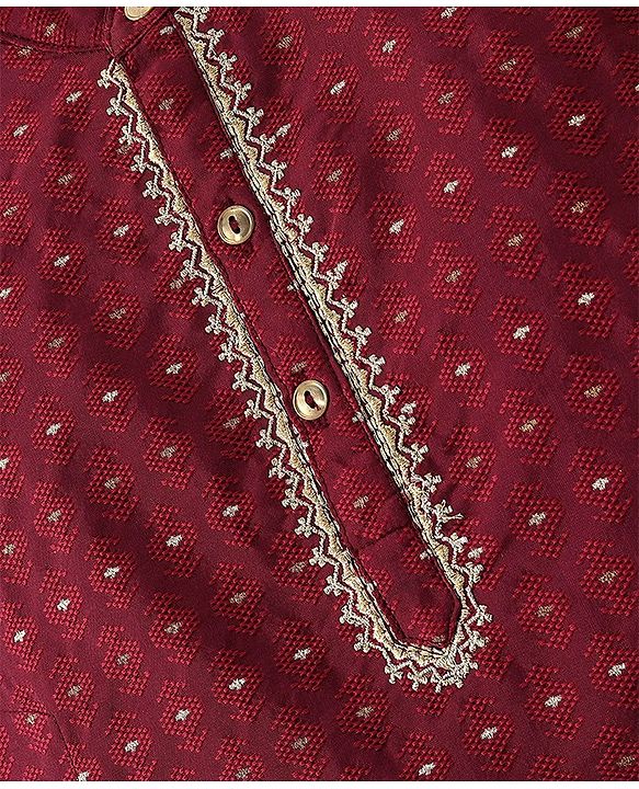 Babyhug Dobby Full Sleeves Embroidered Kurta with Solid Dhoti Set - Maroon
