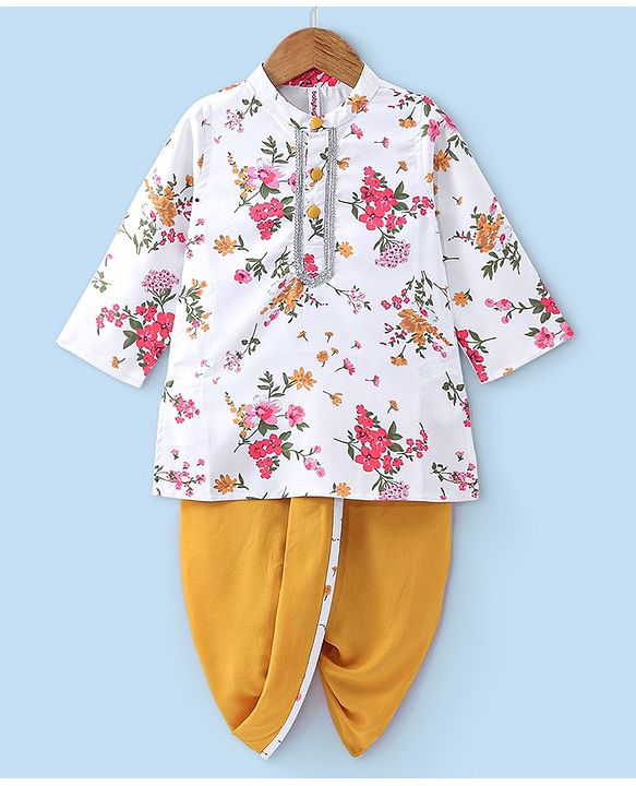Babyhug 100% Cotton Woven Full Sleeves Kurta and Dhoti Set Floral Print - Ivory & Yellow