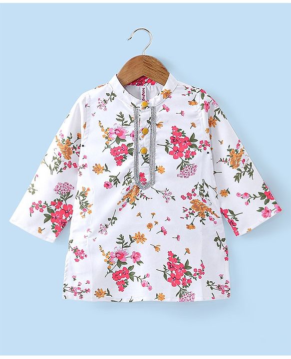 Babyhug 100% Cotton Woven Full Sleeves Kurta and Dhoti Set Floral Print - Ivory & Yellow