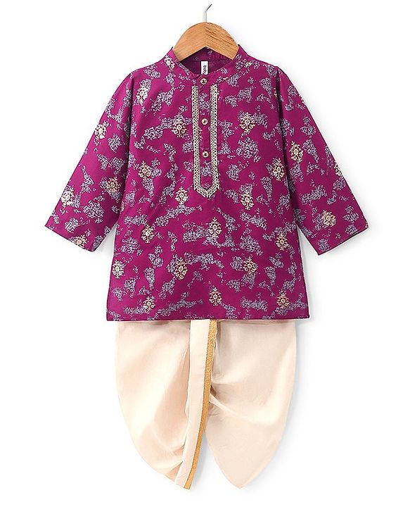 Babyhug Full Sleeves Floral Printed Kurta Dhoti Set - Purple