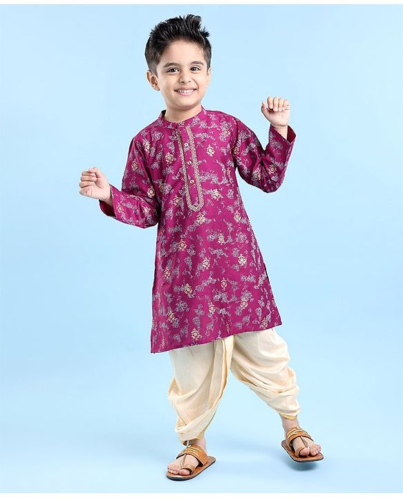 Babyhug Full Sleeves Floral Printed Kurta Dhoti Set - Purple
