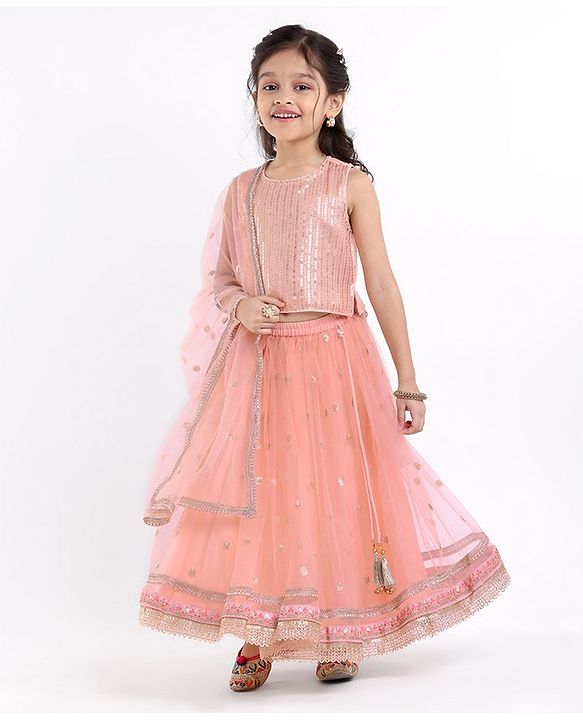 Babyhug Sleeveless Choli with Net Embroidered Lehenga  and Dupatta Set - Peach