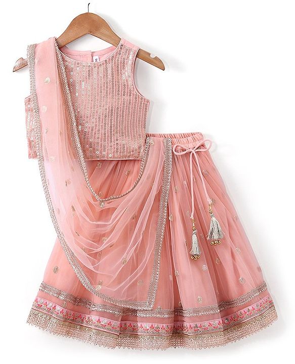 Babyhug Sleeveless Choli with Net Embroidered Lehenga  and Dupatta Set - Peach