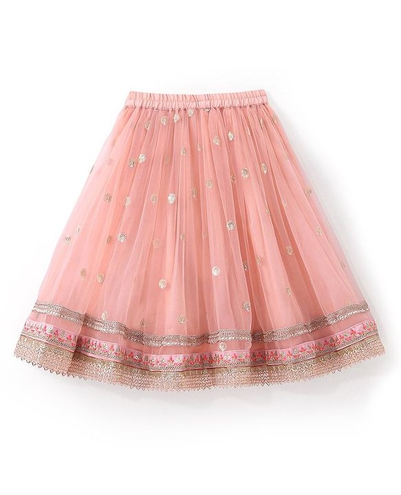 Babyhug Sleeveless Choli with Net Embroidered Lehenga  and Dupatta Set - Peach