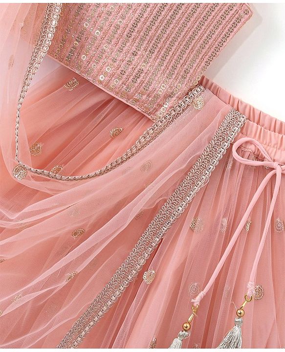 Babyhug Sleeveless Choli with Net Embroidered Lehenga  and Dupatta Set - Peach