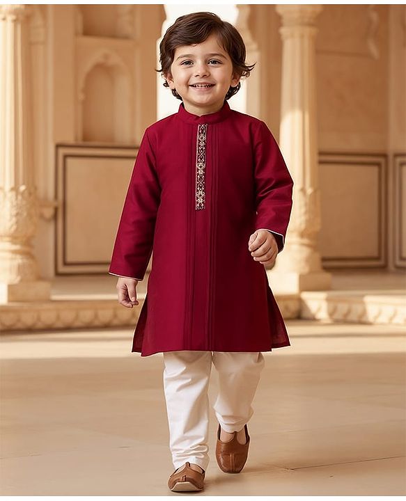 Babyhug Full Sleeves Kurta with Pyjama Set & Embroidery on Placket - Maroon