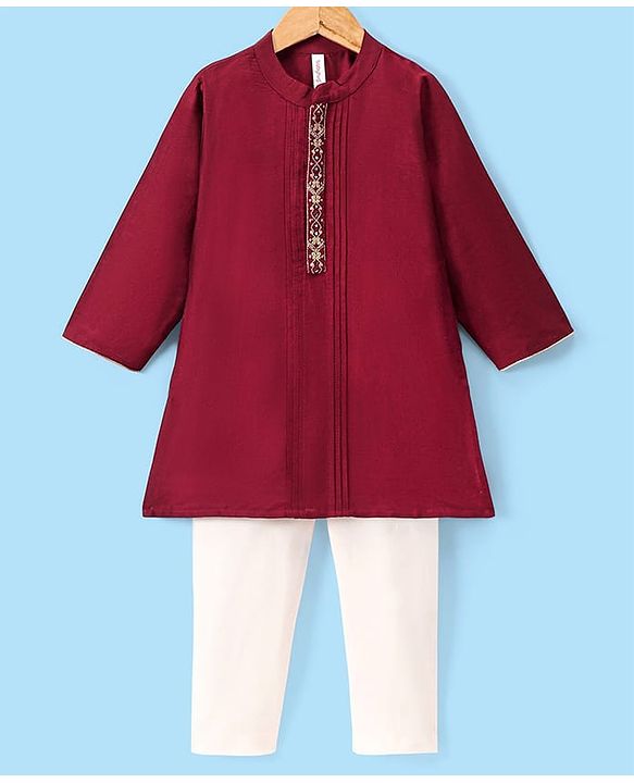 Babyhug Full Sleeves Kurta with Pyjama Set & Embroidery on Placket - Maroon
