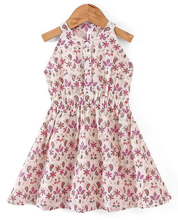 Babyhug Cotton Sleeveless Ethnic Dress Floral Printed - White & Pink