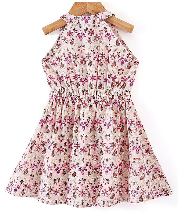 Babyhug Cotton Sleeveless Ethnic Dress Floral Printed - White & Pink
