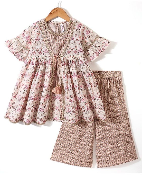 Babyhug 100% Cotton Knit Half Sleeves Embroidered Jacket with Bandhani Printed Top and Palazzo Set - Brown