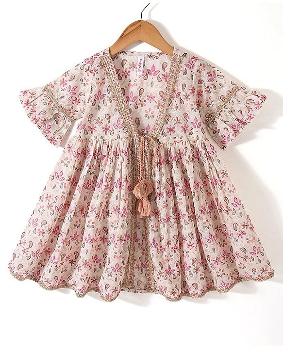 Babyhug 100% Cotton Knit Half Sleeves Embroidered Jacket with Bandhani Printed Top and Palazzo Set - Brown