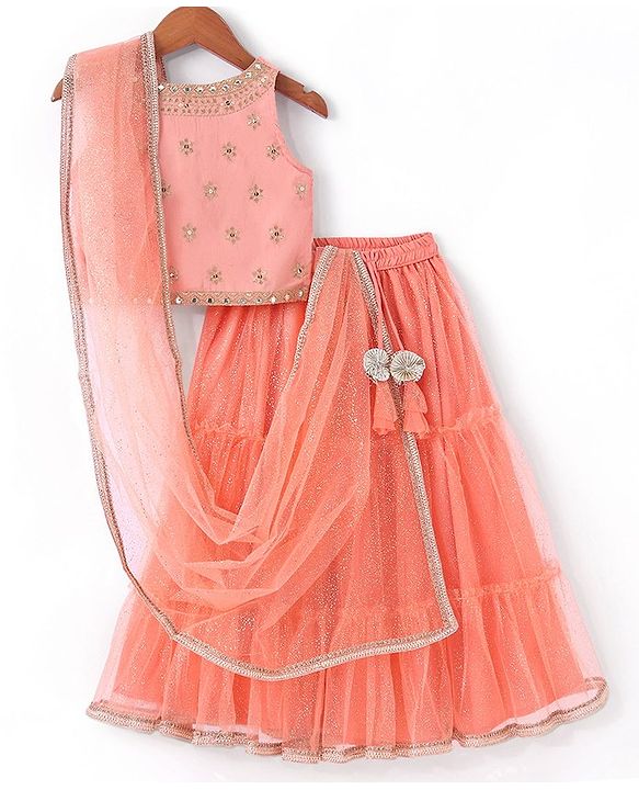 Babyhug Sleeveless Chanderi Embrodered Choli With Shimmer Net Tiered Lehenga And Dupatta- Peach