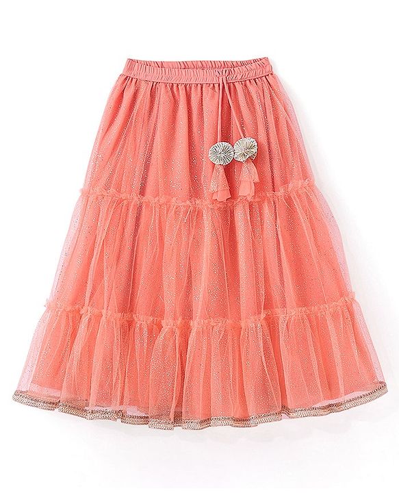 Babyhug Sleeveless Chanderi Embrodered Choli With Shimmer Net Tiered Lehenga And Dupatta- Peach