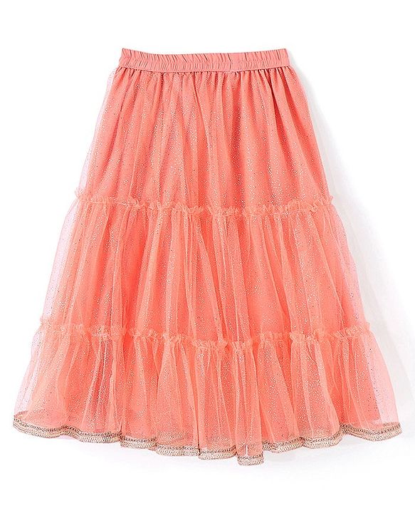Babyhug Sleeveless Chanderi Embrodered Choli With Shimmer Net Tiered Lehenga And Dupatta- Peach